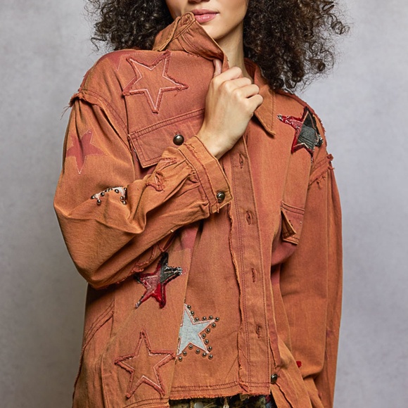 POL Tops - New Pol Denim Shacket Top Button Shirt Women Stars Boho Anthropologie Terra Cota